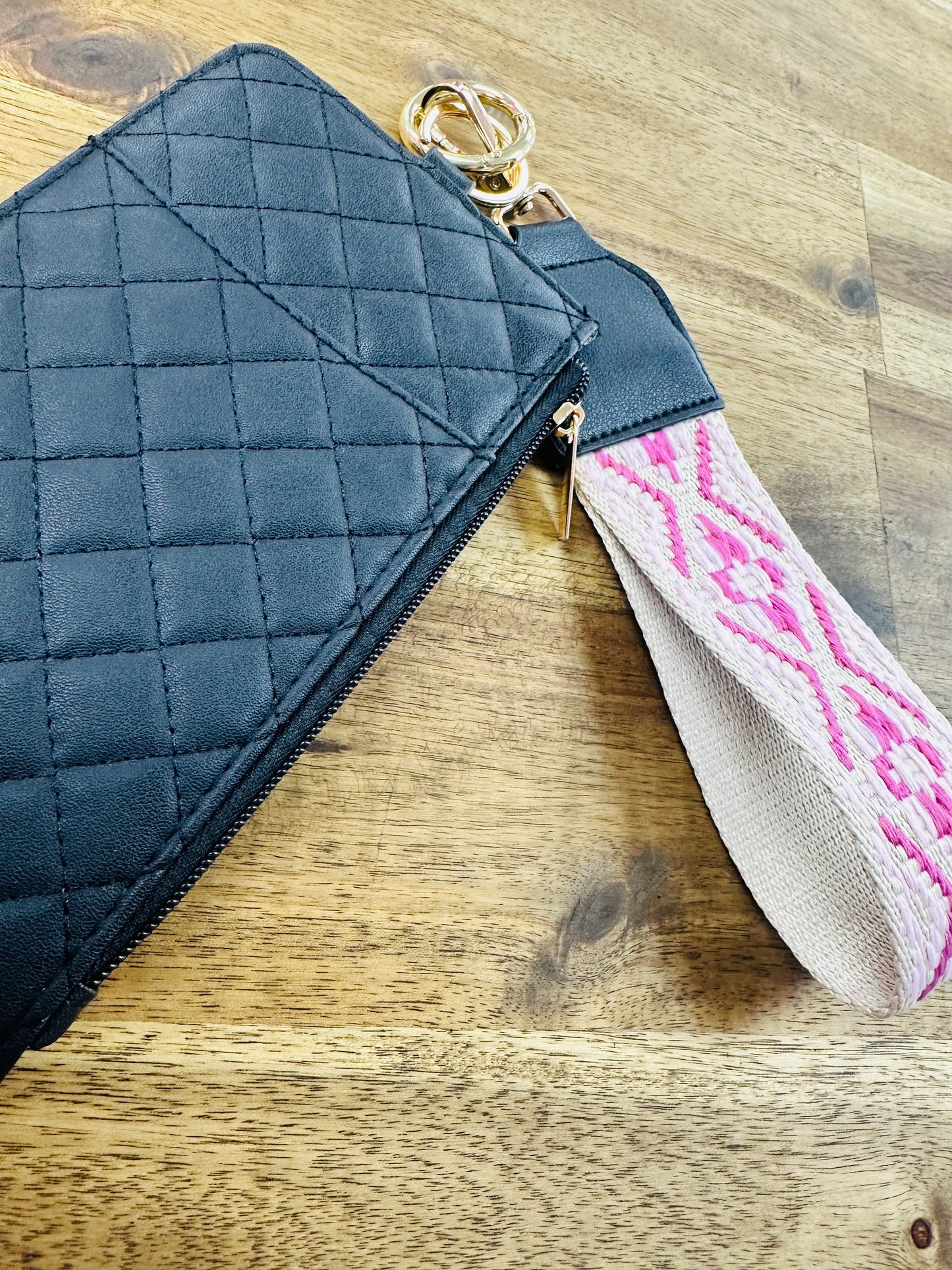 Quilted Large Credit Card Wallet with Pattern Wristlet - Boho Pink/Cream