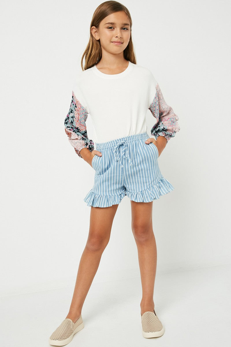 Girls Stripe Chambray Denim Drawstring Short