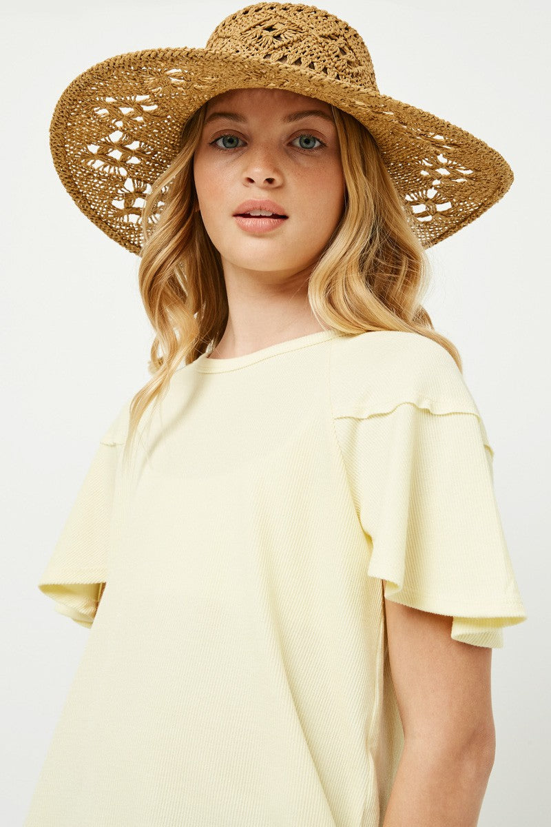 Girls Flutter Sleeve Ribbed Knit Top