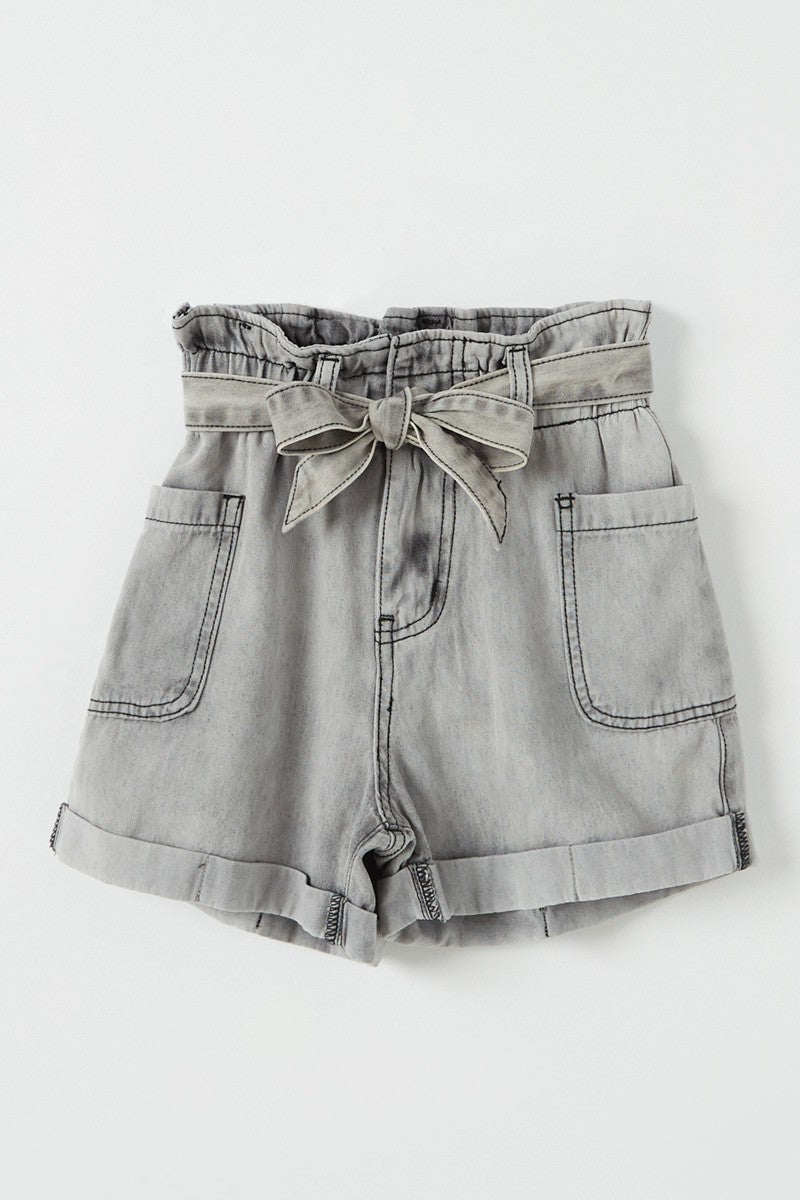 Girls Belted Washed Denim Shorts