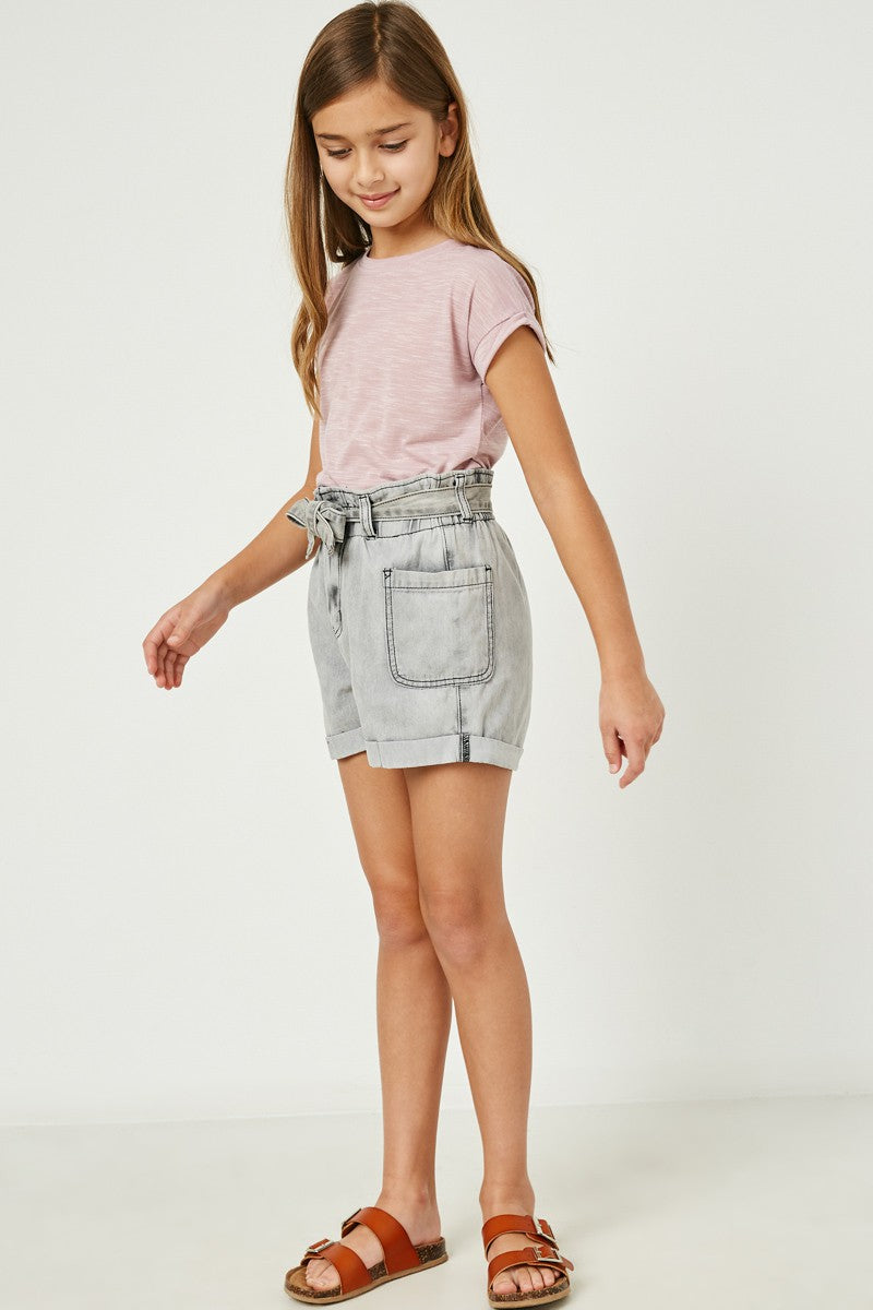 Girls Belted Washed Denim Shorts