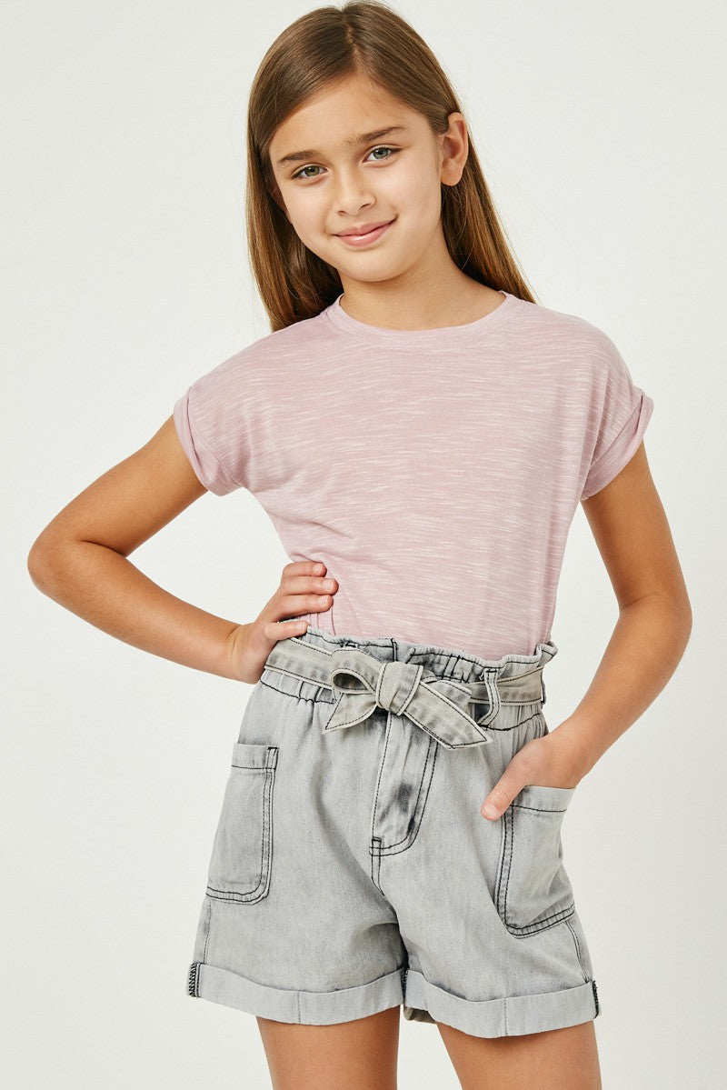 Girls Belted Washed Denim Shorts