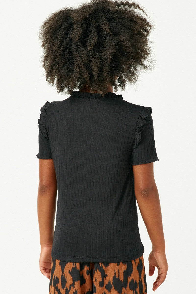 Kids Ruffle Collar Knit Top -Black