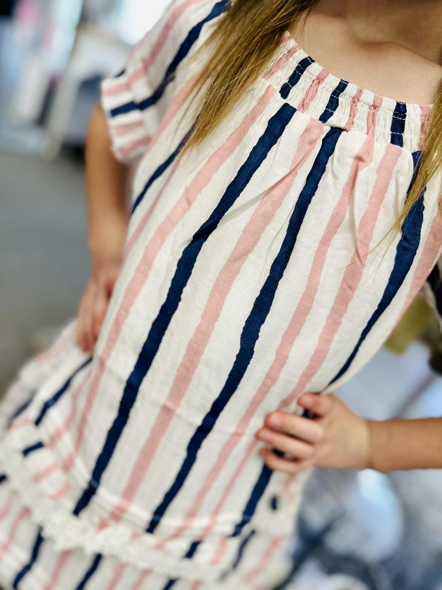 Kids Striped Off-Shoulder Crochet Lace Dress