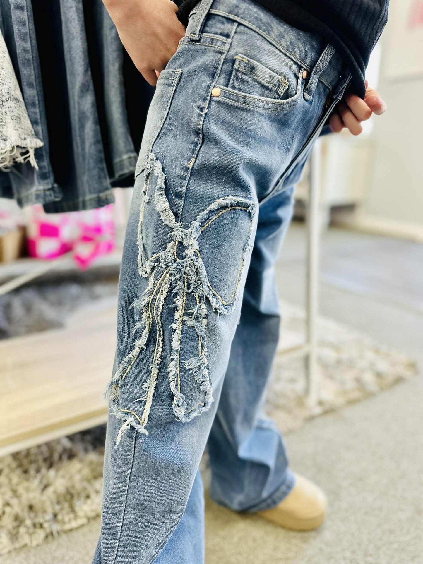 Girls Wide Leg Bow Patchwork Jeans