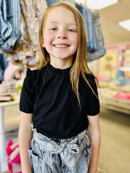 Kids Ruffle Collar Knit Top -Black