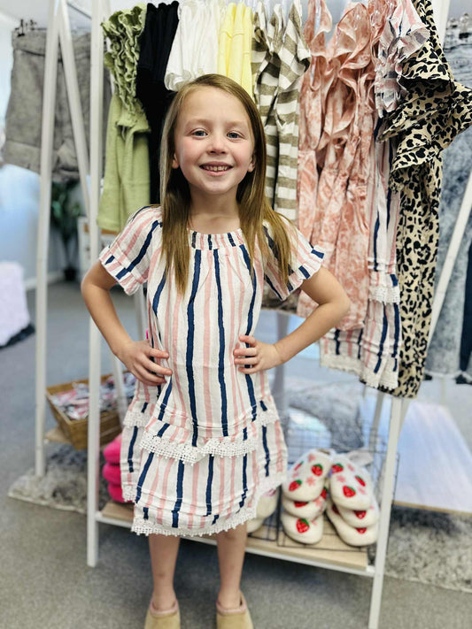 Kids Striped Off-Shoulder Crochet Lace Dress