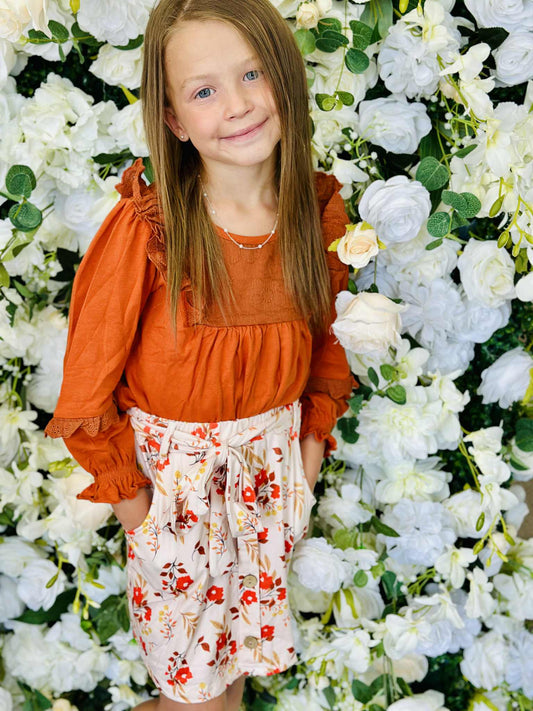 Autumn Blooms Ruffle Top & Floral Skirt Set