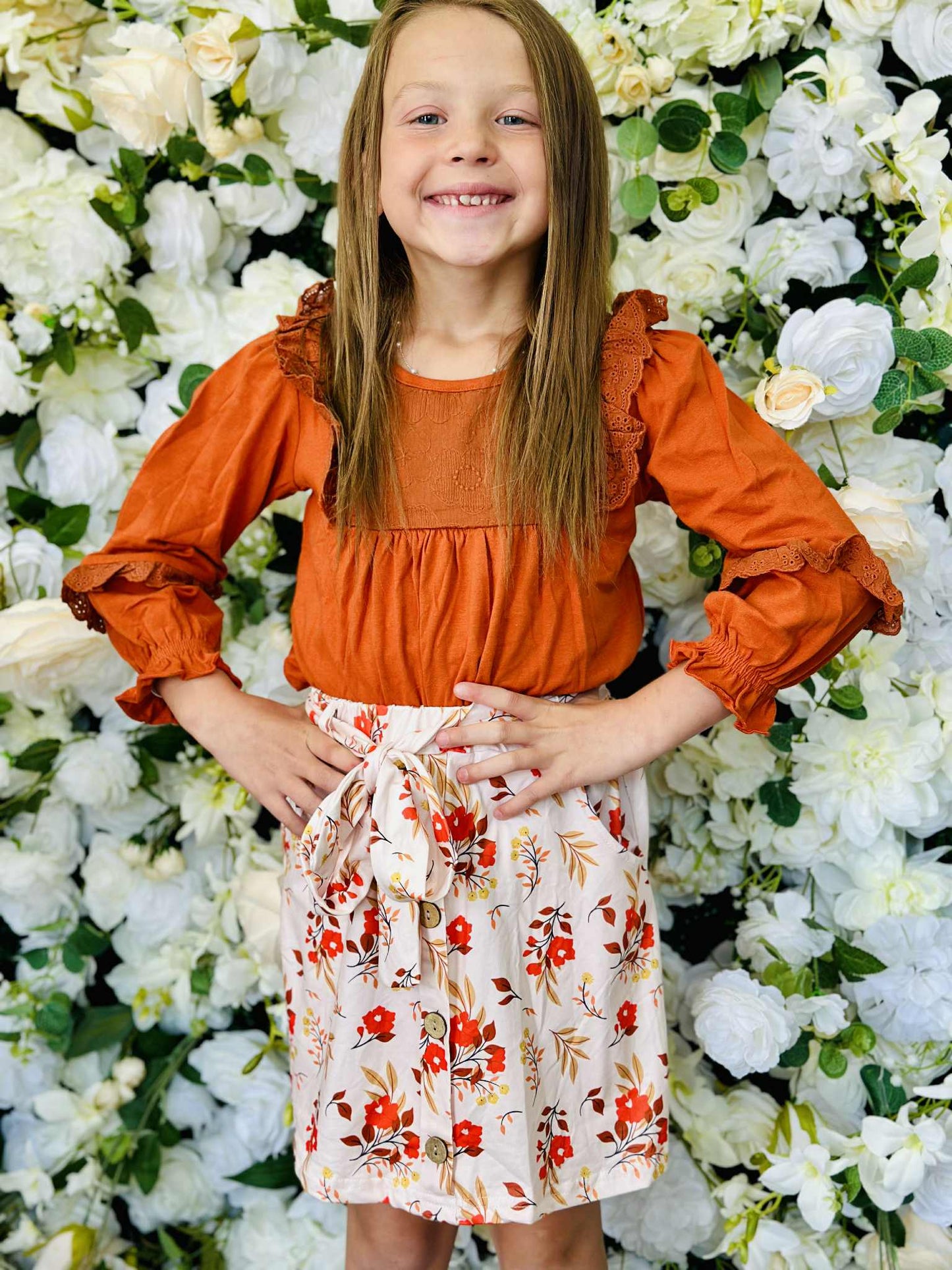Autumn Blooms Ruffle Top & Floral Skirt Set