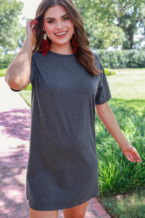 Bailey Basic T-Shirt Dress- Heathered Gray