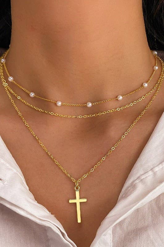 Layered Pearl Station, Cross Pendant Necklace
