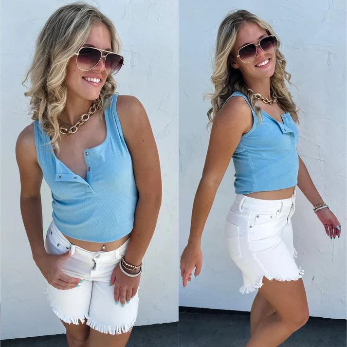 Brandee Snap Henley Tank- Baby Blue