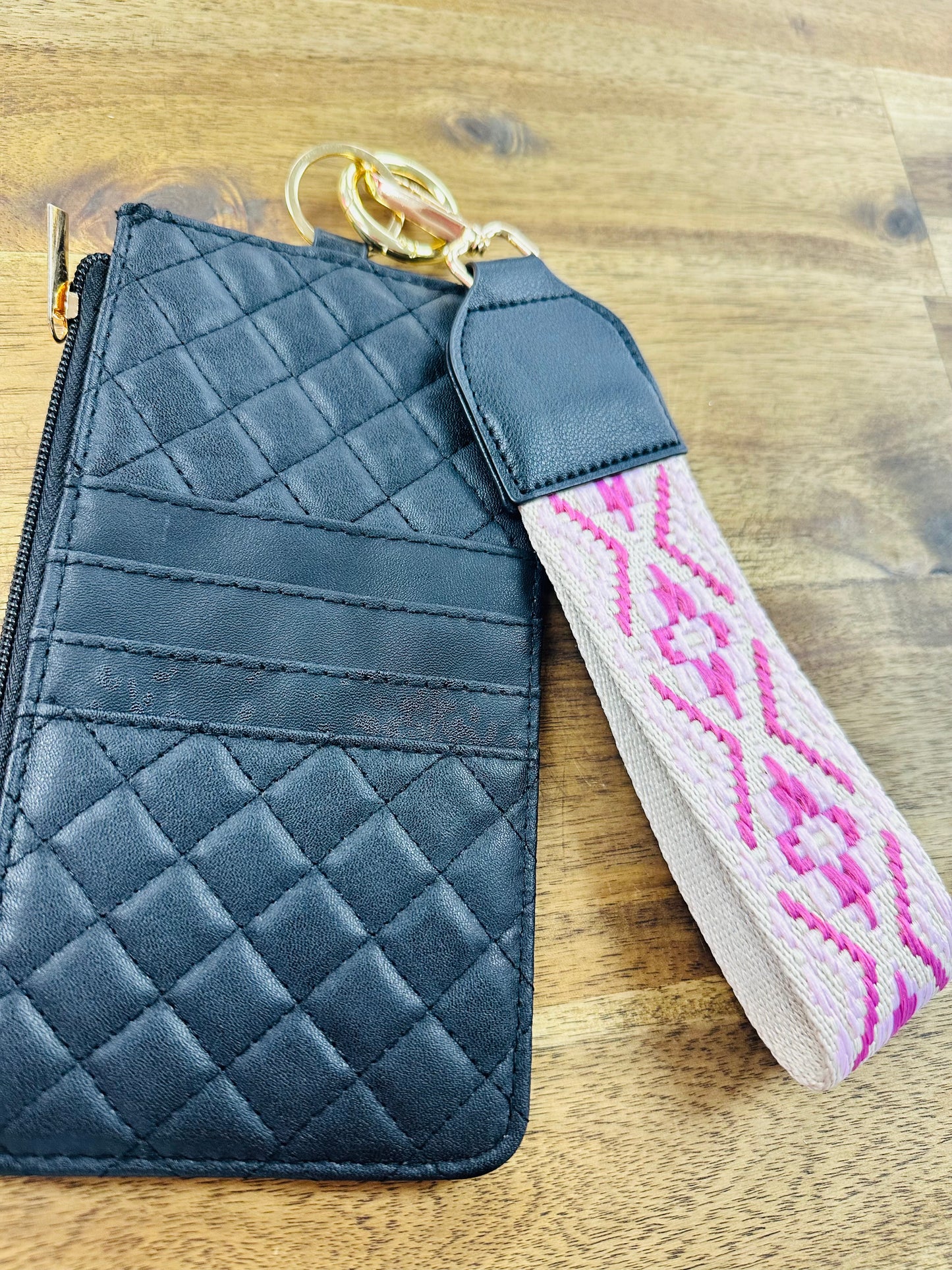 Quilted Large Credit Card Wallet with Pattern Wristlet - Boho Pink/Cream