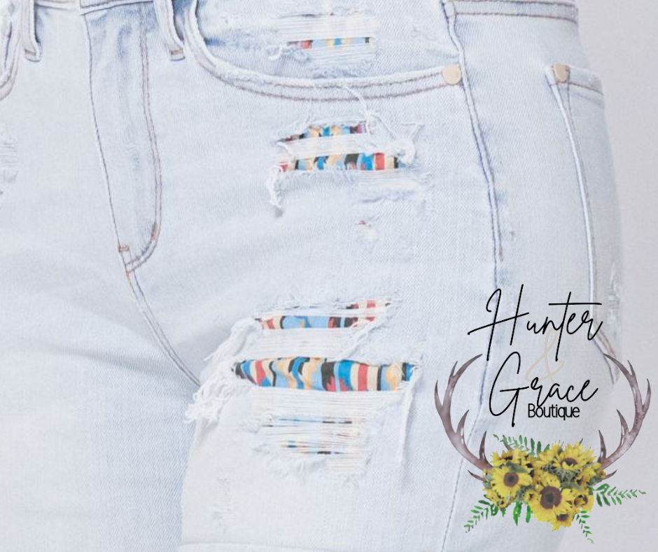 Judy Blue High Rise Cuffed Aztec Print Patch Shorts (REG & PLUS)