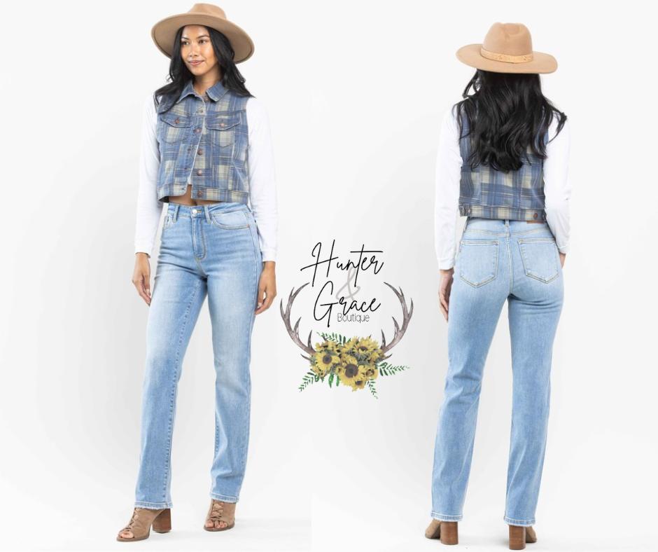 Judy Blue High Waist Contrast Wash Thermal Straight (PLUS)