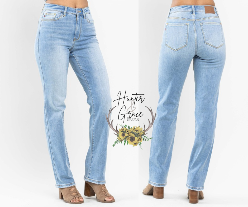 Judy Blue High Waist Contrast Wash Thermal Straight (PLUS)