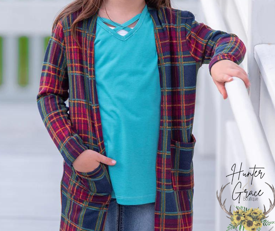 Girls' Plaid Girls Club Maroon & Navy Plaid Cardigan with Pockets