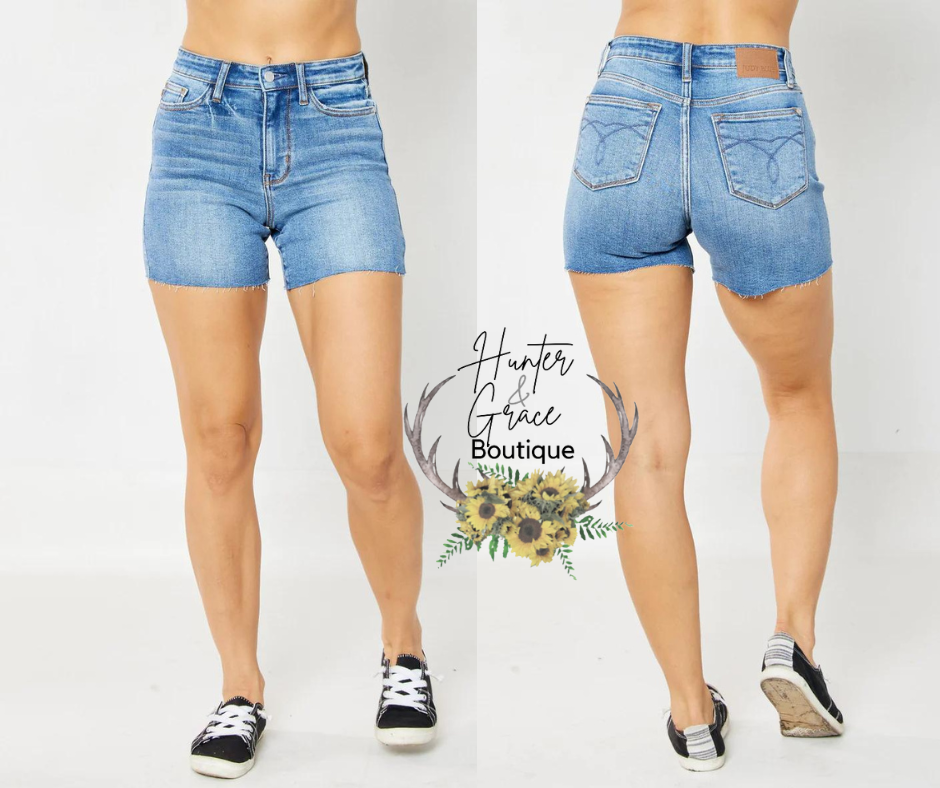 Judy Blue High Rise Medium Wash Raw Hem Shorts (REG & PLUS)