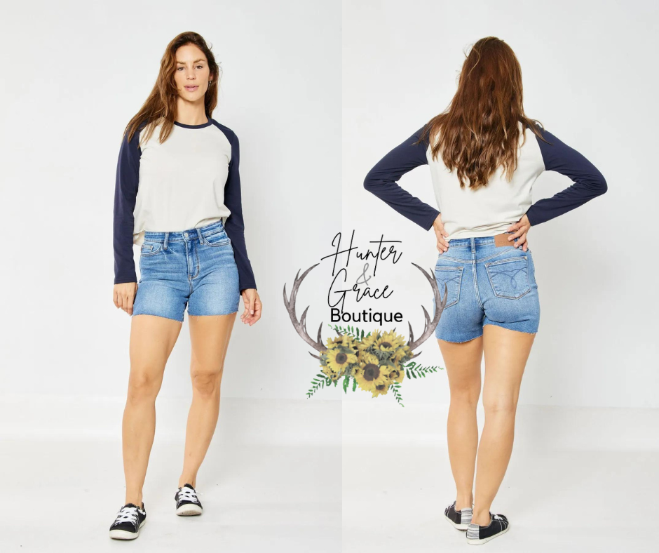 Judy Blue High Rise Medium Wash Raw Hem Shorts (REG & PLUS)