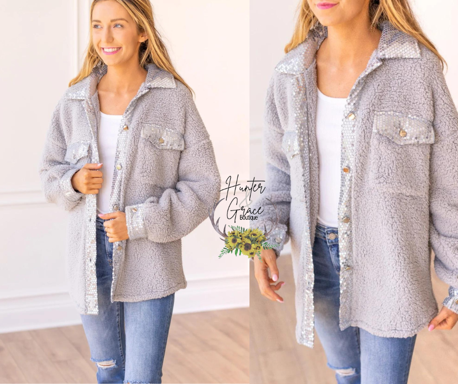 Misty Mountain Silver Sequin Sherpa Shacket