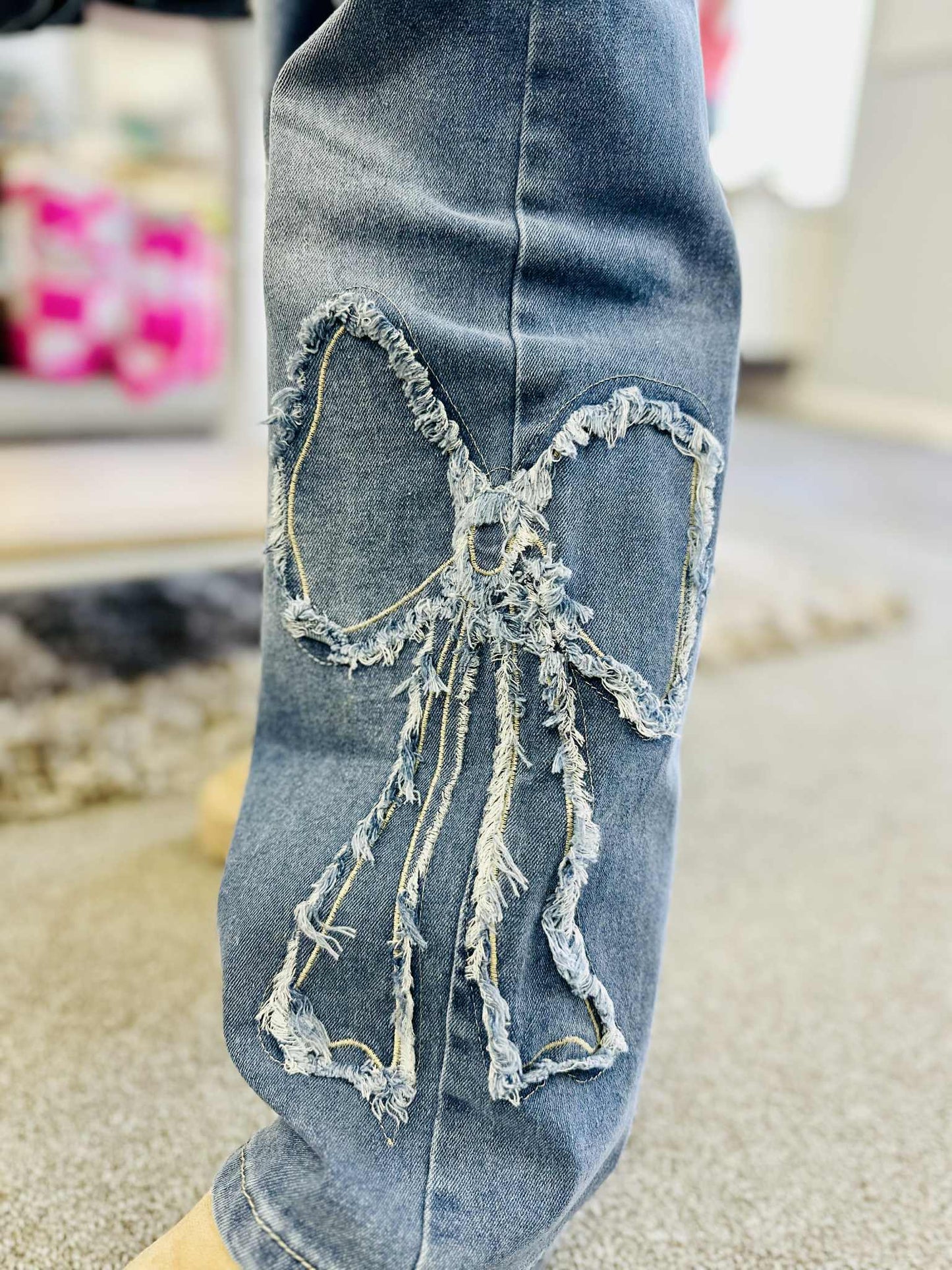 Girls Wide Leg Bow Patchwork Jeans