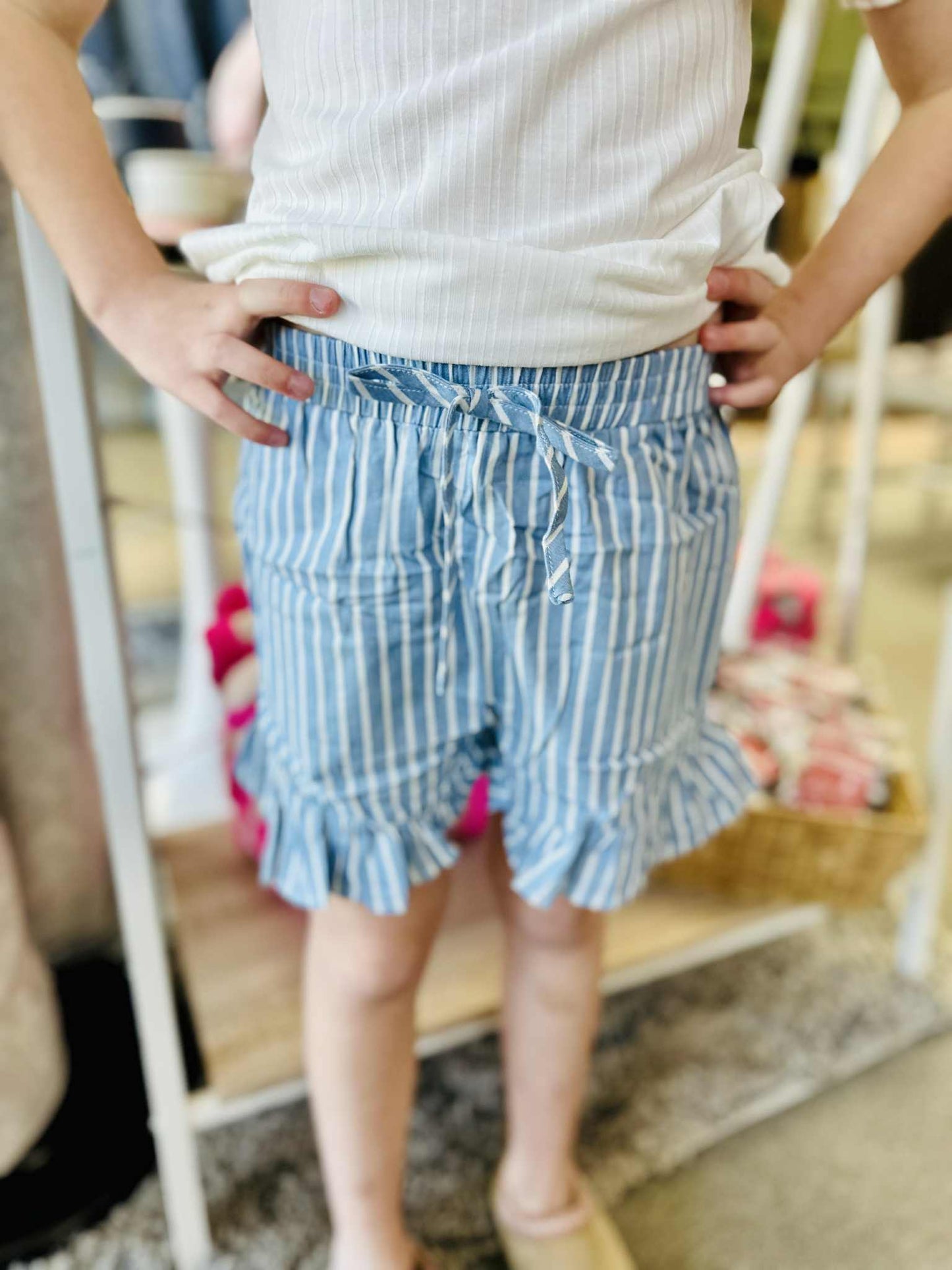 Girls Stripe Chambray Denim Drawstring Short