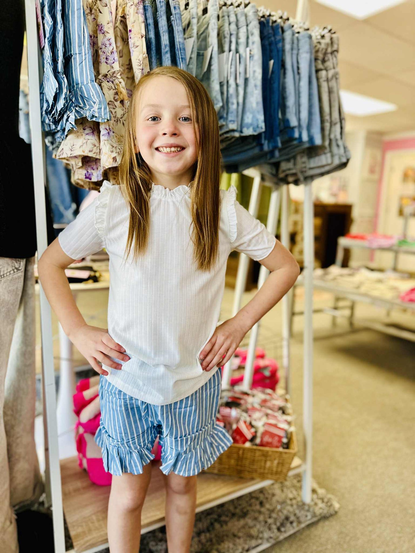 Girls Stripe Chambray Denim Drawstring Short