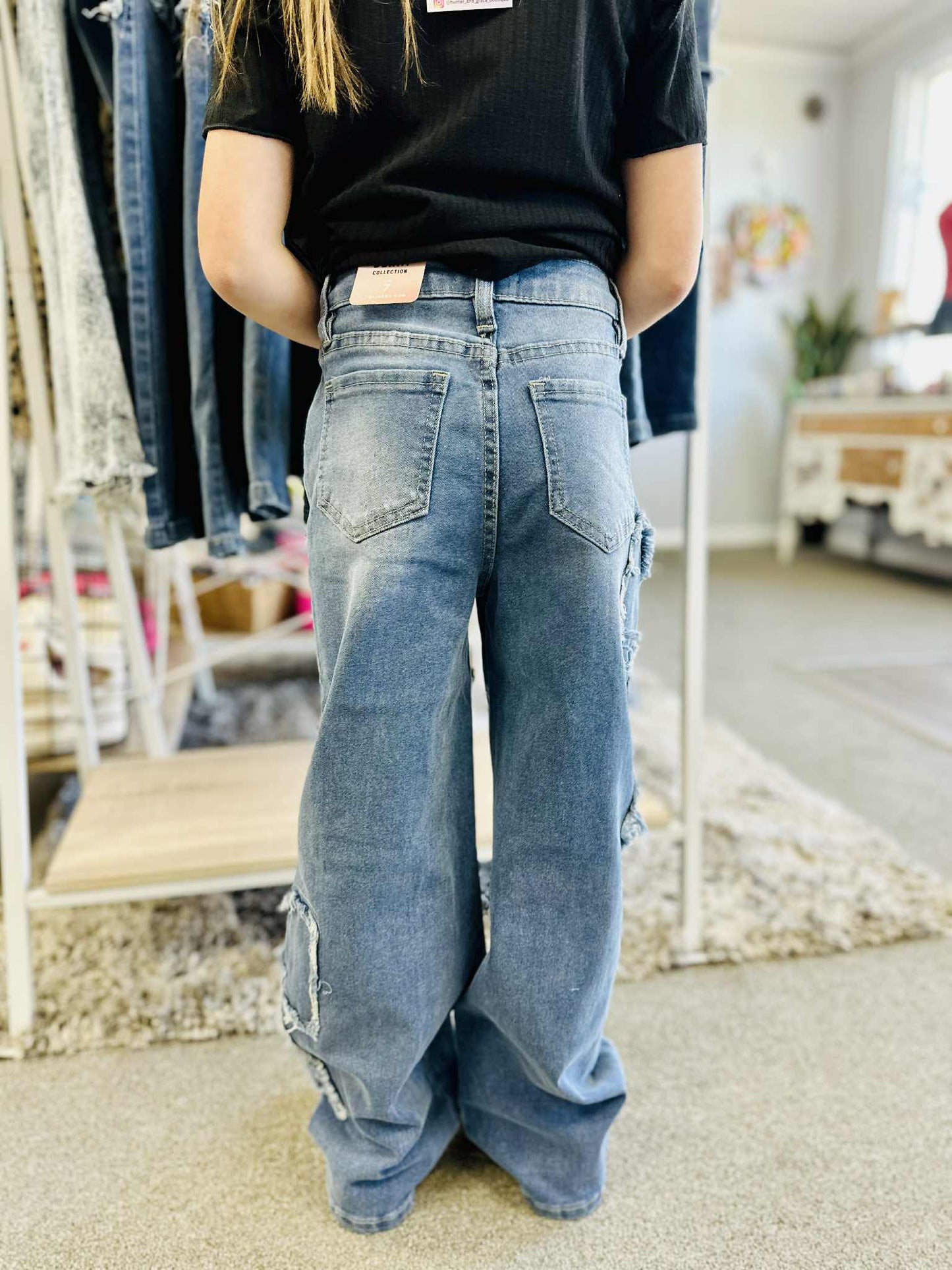 Girls Wide Leg Bow Patchwork Jeans