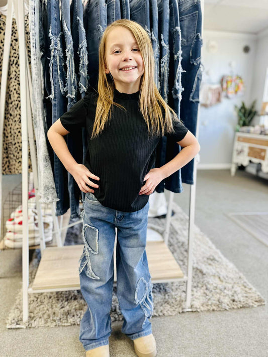 Girls Wide Leg Bow Patchwork Jeans