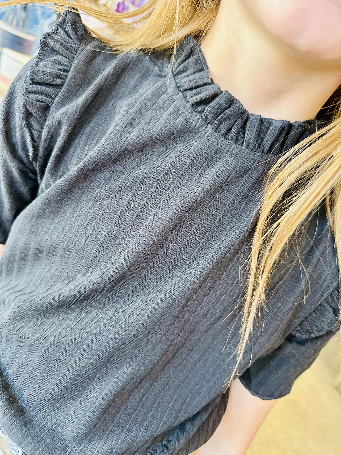 Kids Ruffle Collar Knit Top -Black