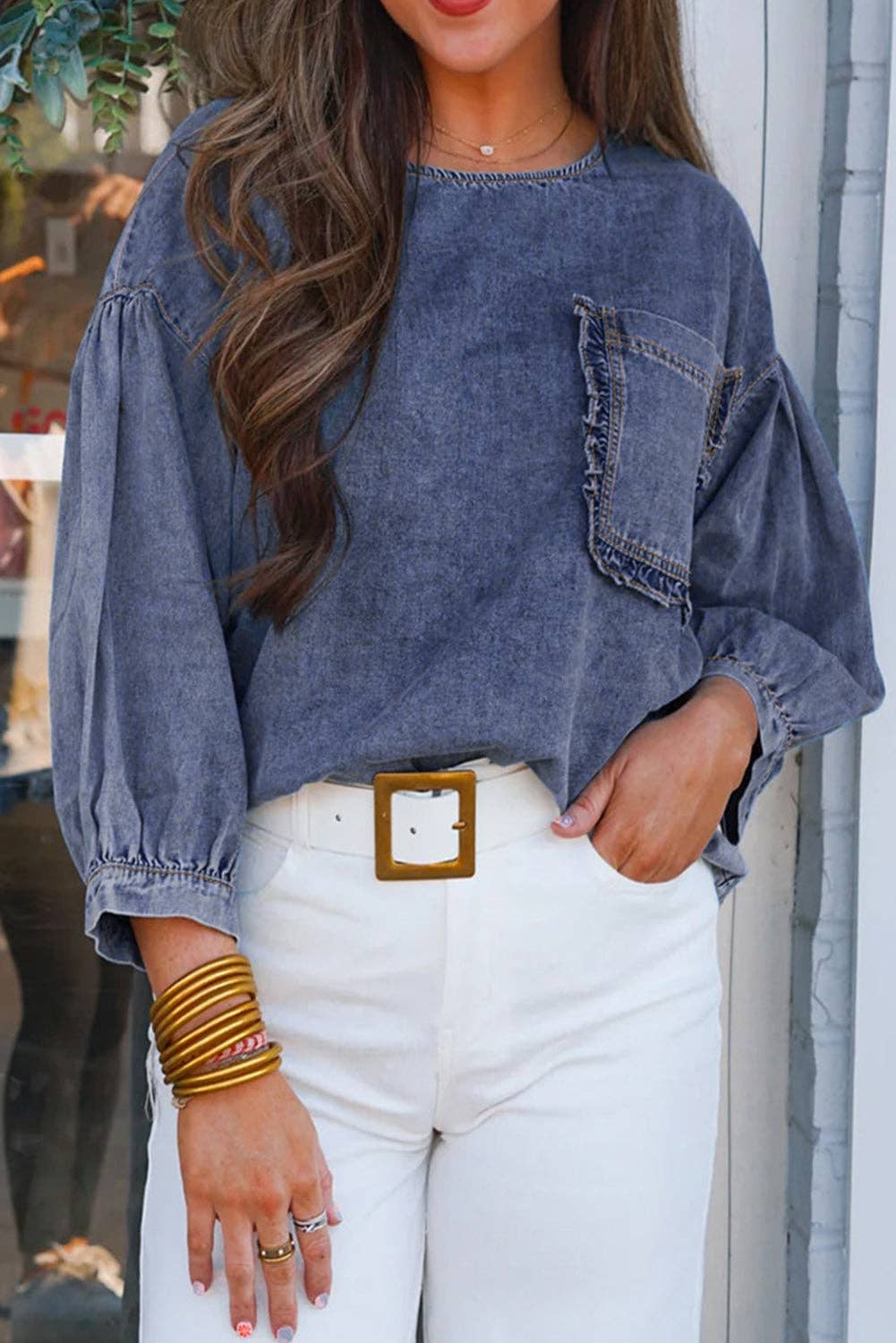 Fringe Pocket Washed Denim Top