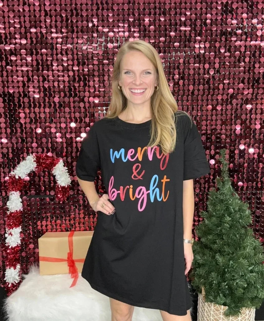 Merry & Bright on Black T-Shirt Dress