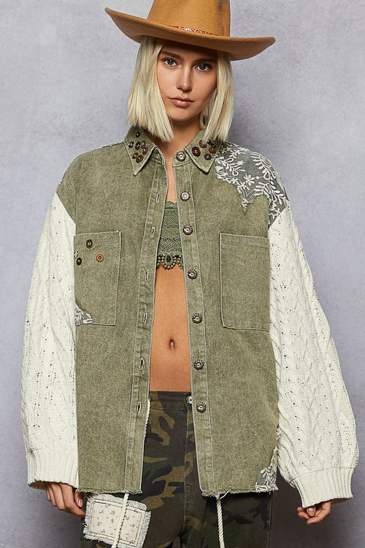 The Willow Sweater Sleeve Shacket- Olive