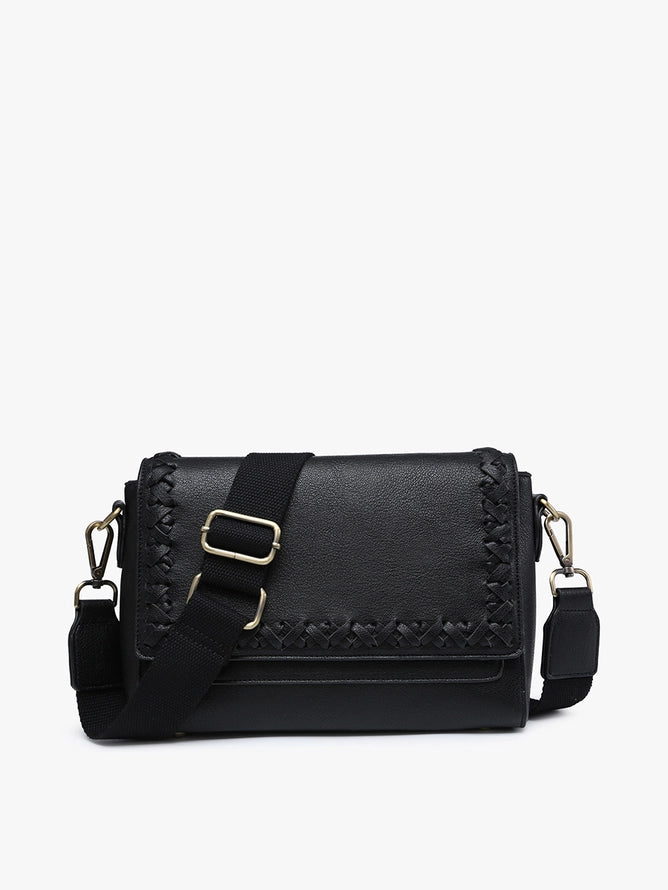 Francesca Whipstitch Flapover Crossbody- Black