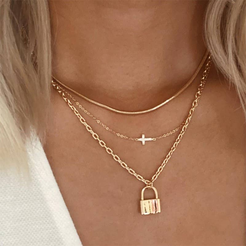 Cross and Lock Charm Necklace