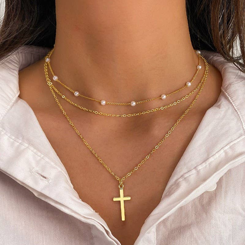 Layered Pearl Station, Cross Pendant Necklace