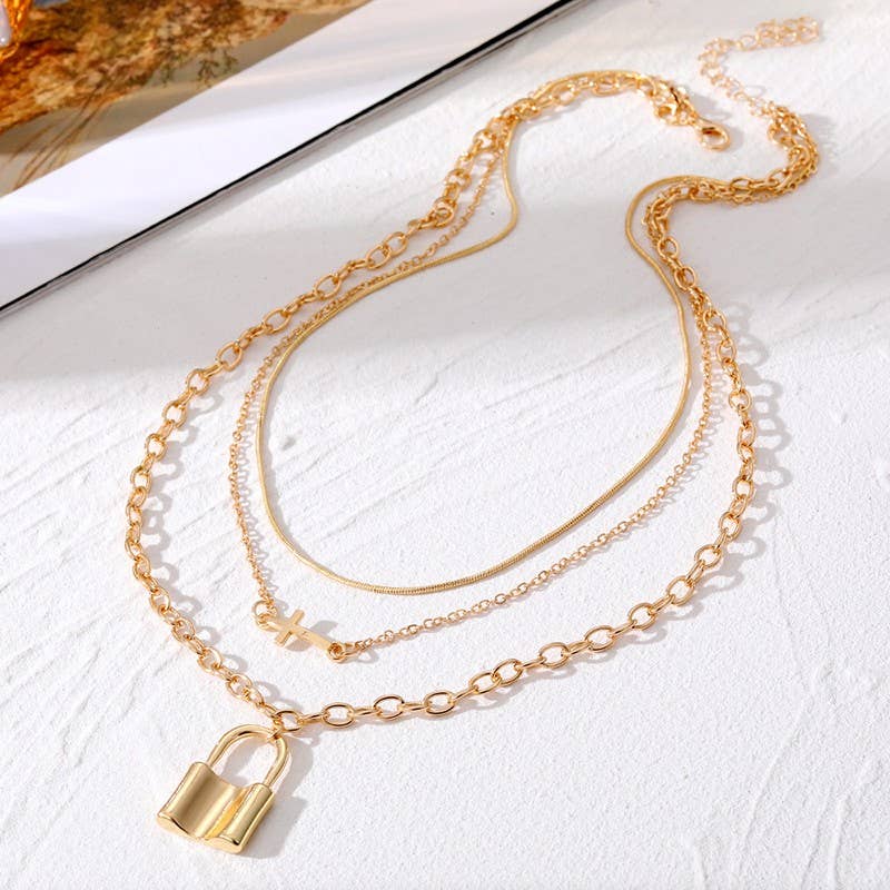 Cross and Lock Charm Necklace