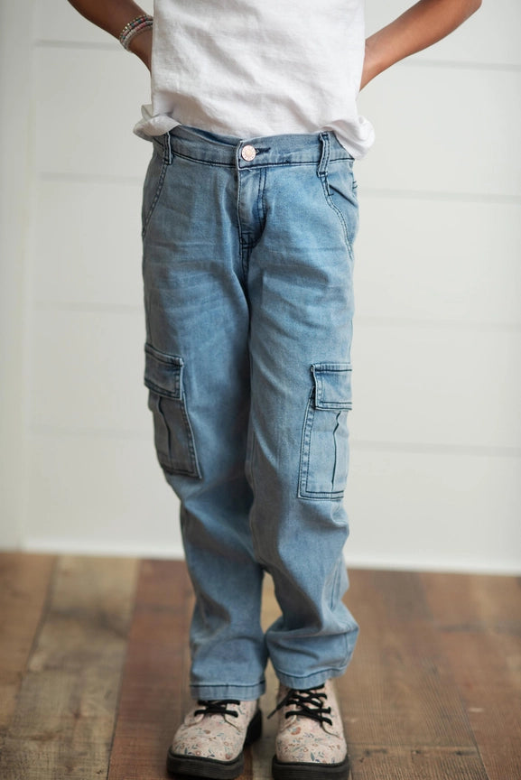 Light Wash Faded Denim Cargo Jean