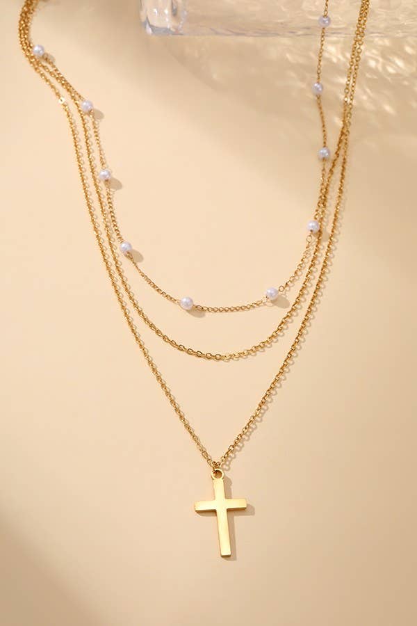 Layered Pearl Station, Cross Pendant Necklace
