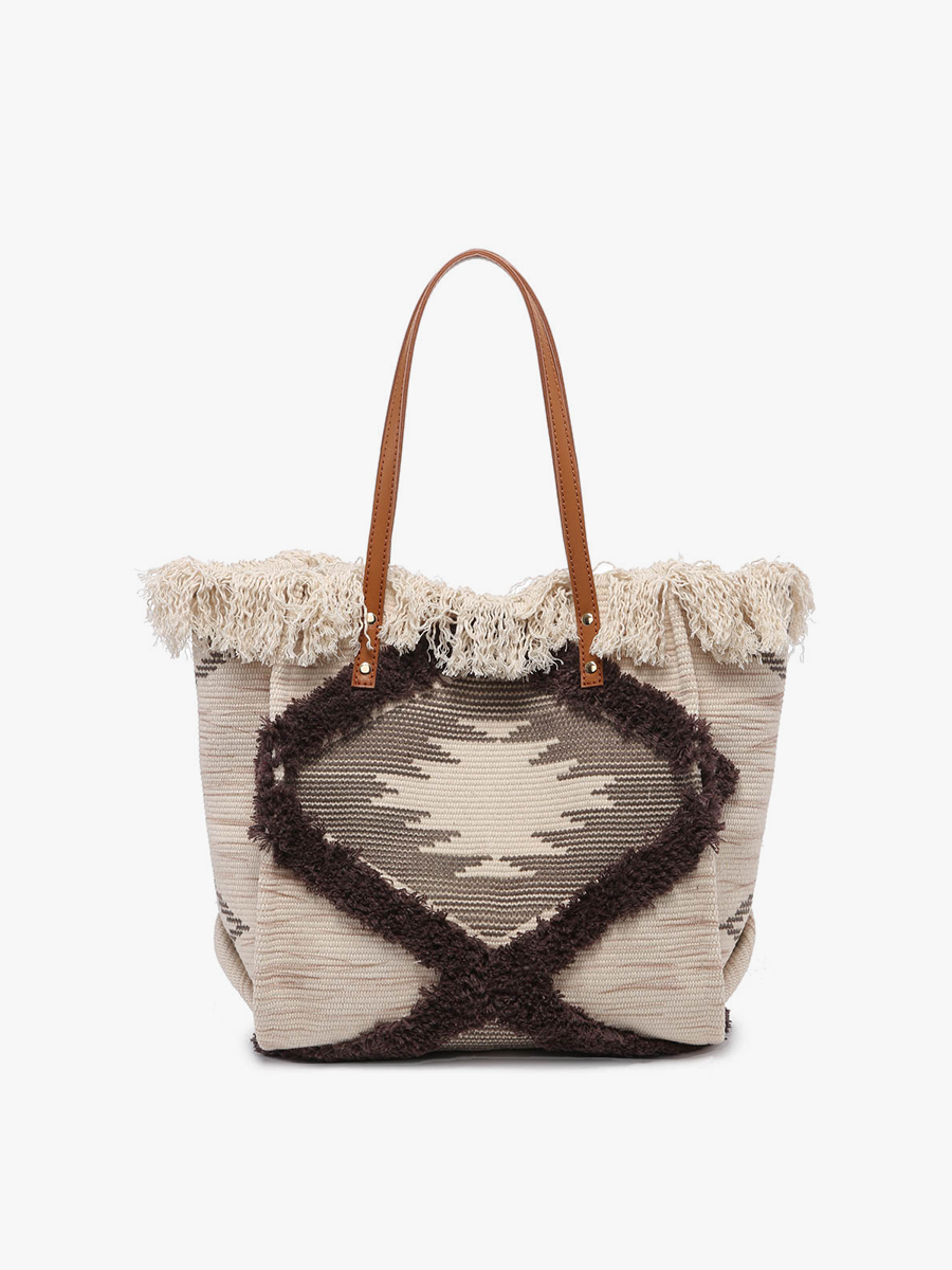The Madison Handwoven Fringe Tote- Black/Neutral