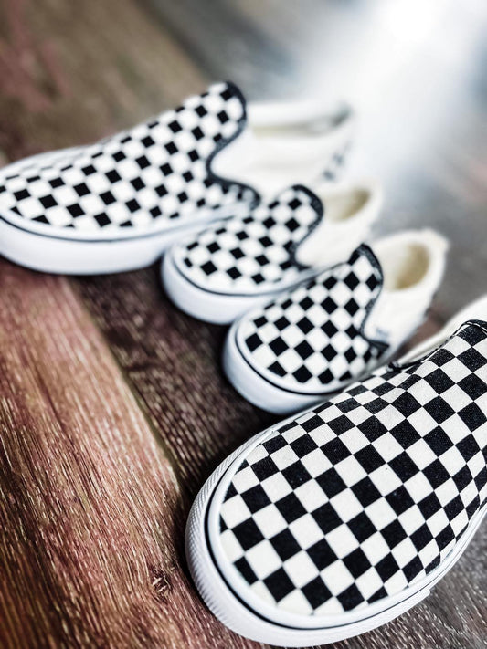 Womens and Kids Black and White Checker Slip-ons *PRE-ORDER*