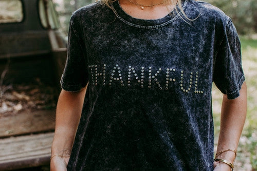 Thankful Acid Washed Tee- Charcoal