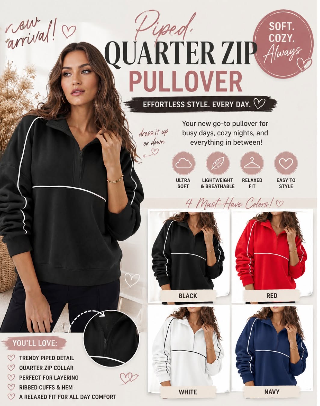 Piped Quarter Zip Pullover *PRE-ORDER*