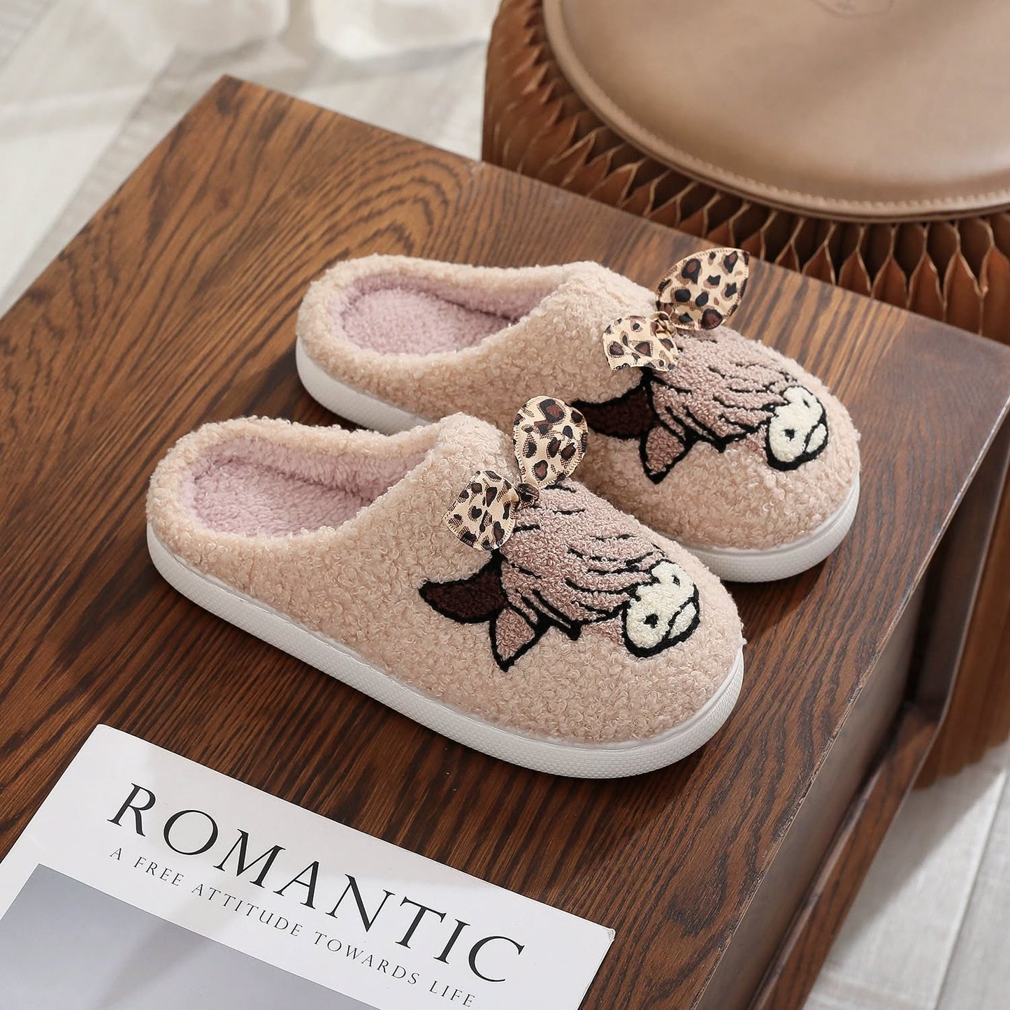 Highland cow with leopard bow slippers *PRE-ORDER*