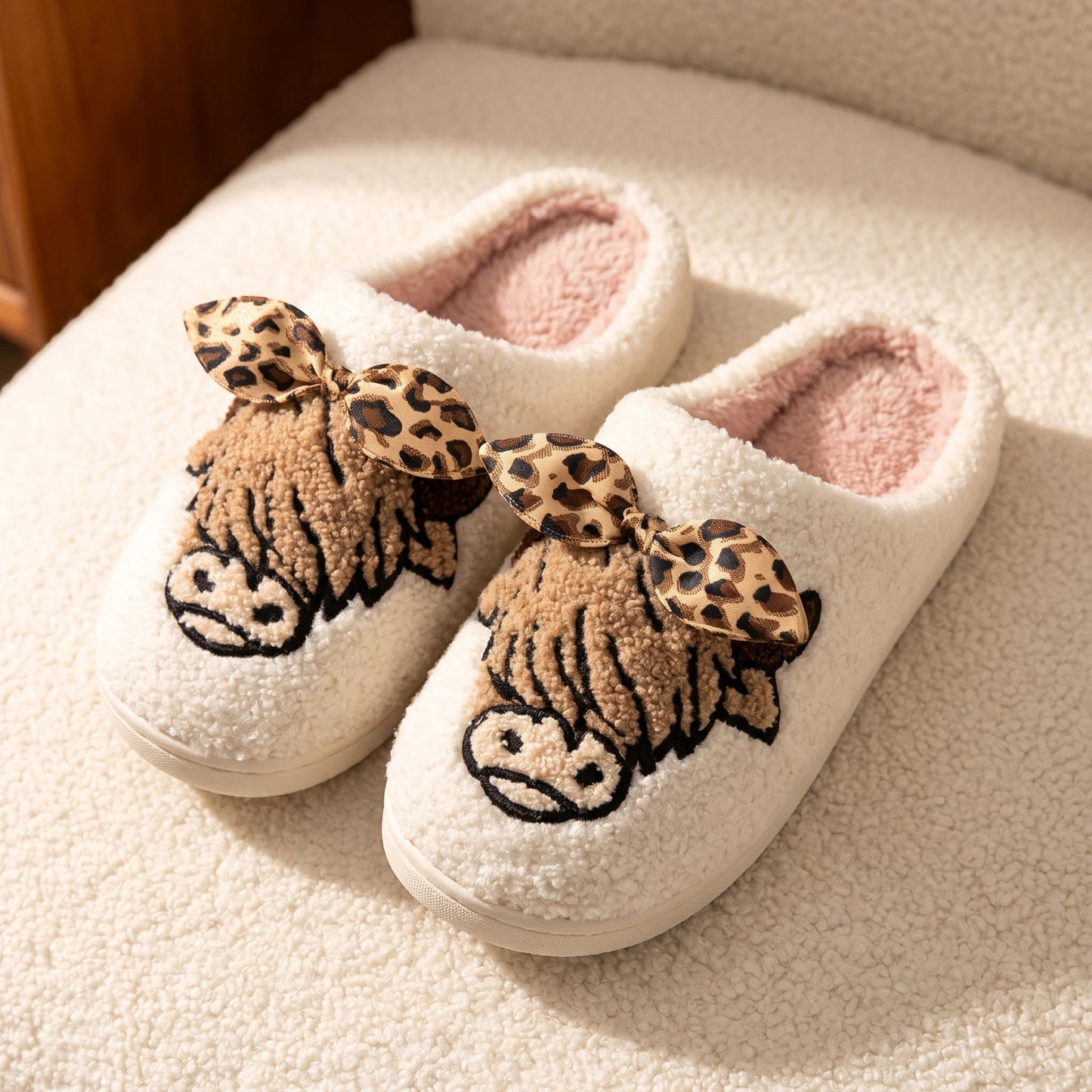 Highland cow with leopard bow slippers *PRE-ORDER*