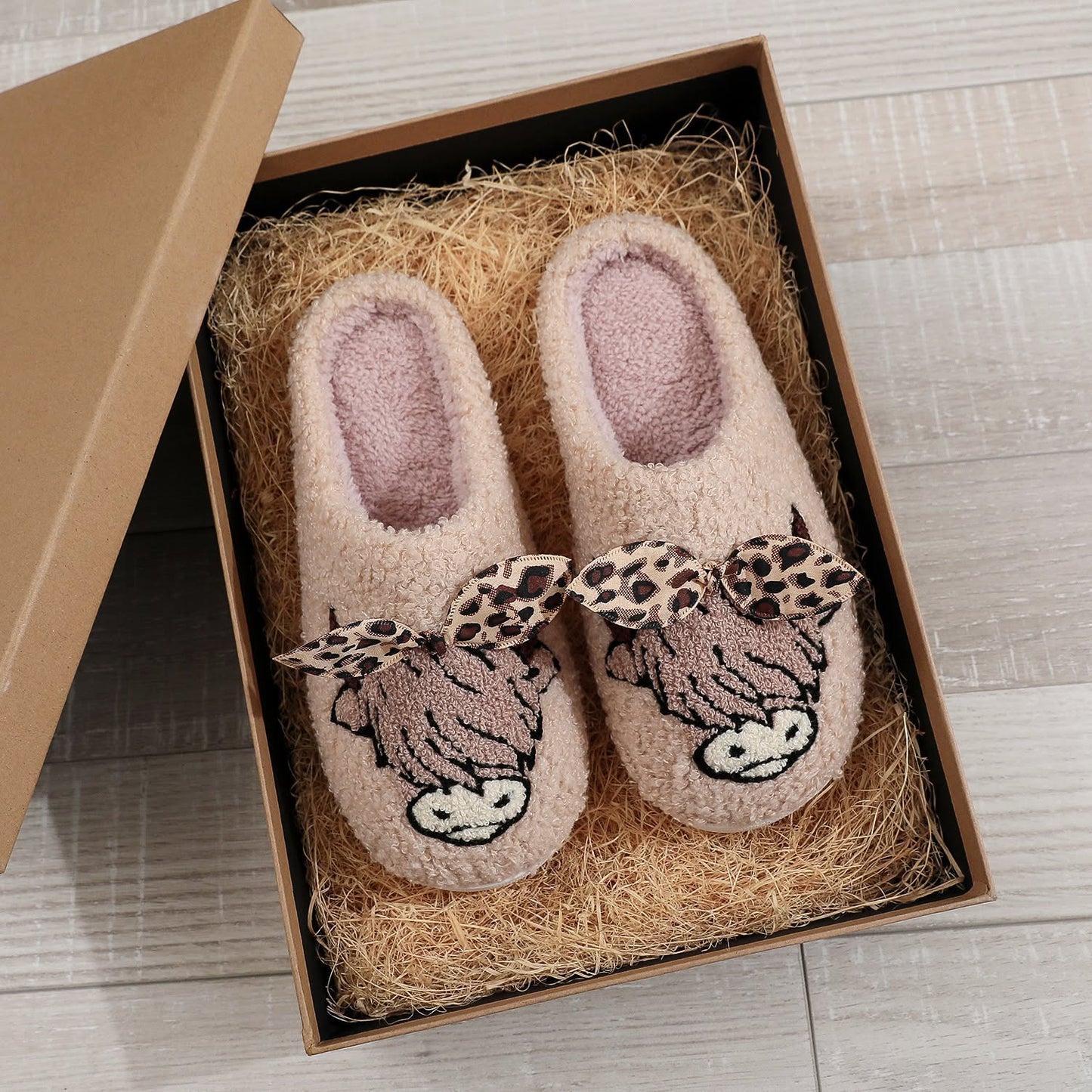 Highland cow with leopard bow slippers *PRE-ORDER*