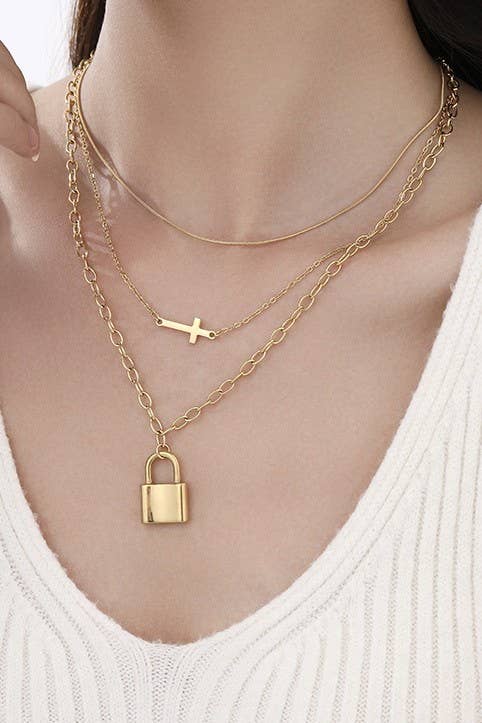 Cross and Lock Charm Necklace