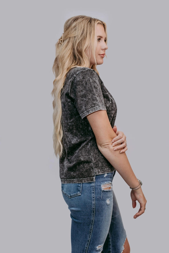 Thankful Acid Washed Tee- Charcoal