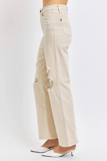 Judy Blue High Waist Dyed Bone Destroyed 90's Straight Leg Jeans