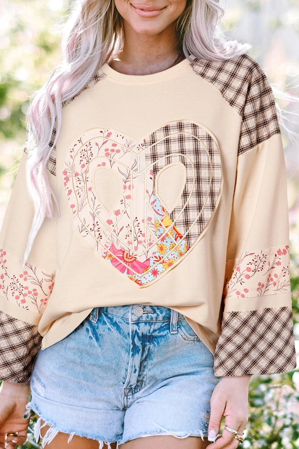 Vintage Patchwork Heart Pullover- Beige